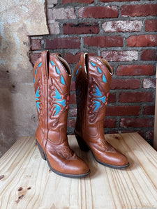 Vintage Coral & Blue Cowboy Boot Size 8