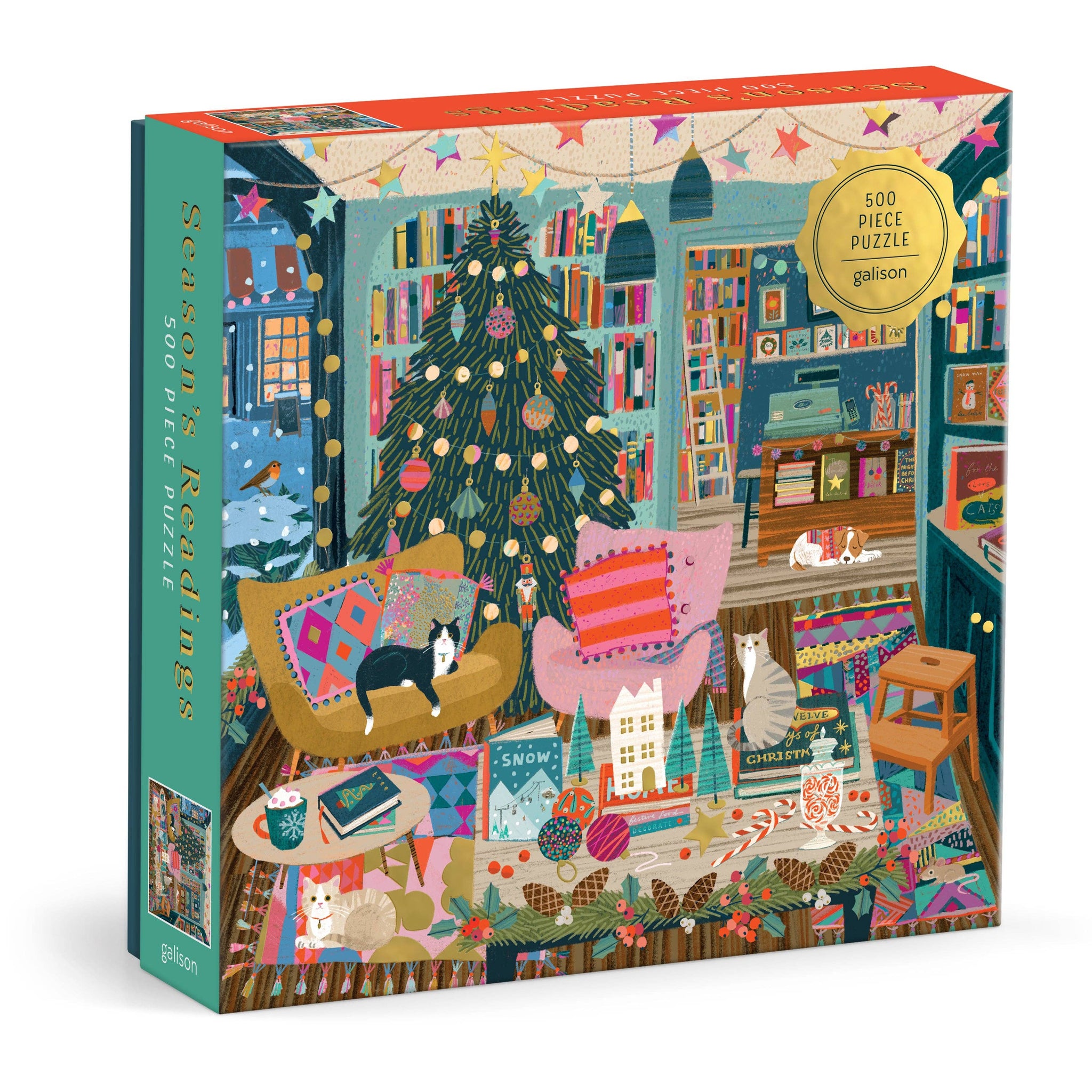 Gibson puzzle box with a festive living room scene featuring a Christmas tree and cozy furniture.
