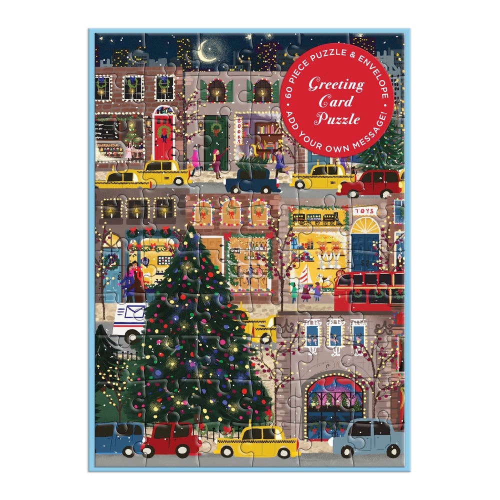 Greeting card puzzle with a festive city scene and Christmas tree, featuring a red circle with text on the top right corner.