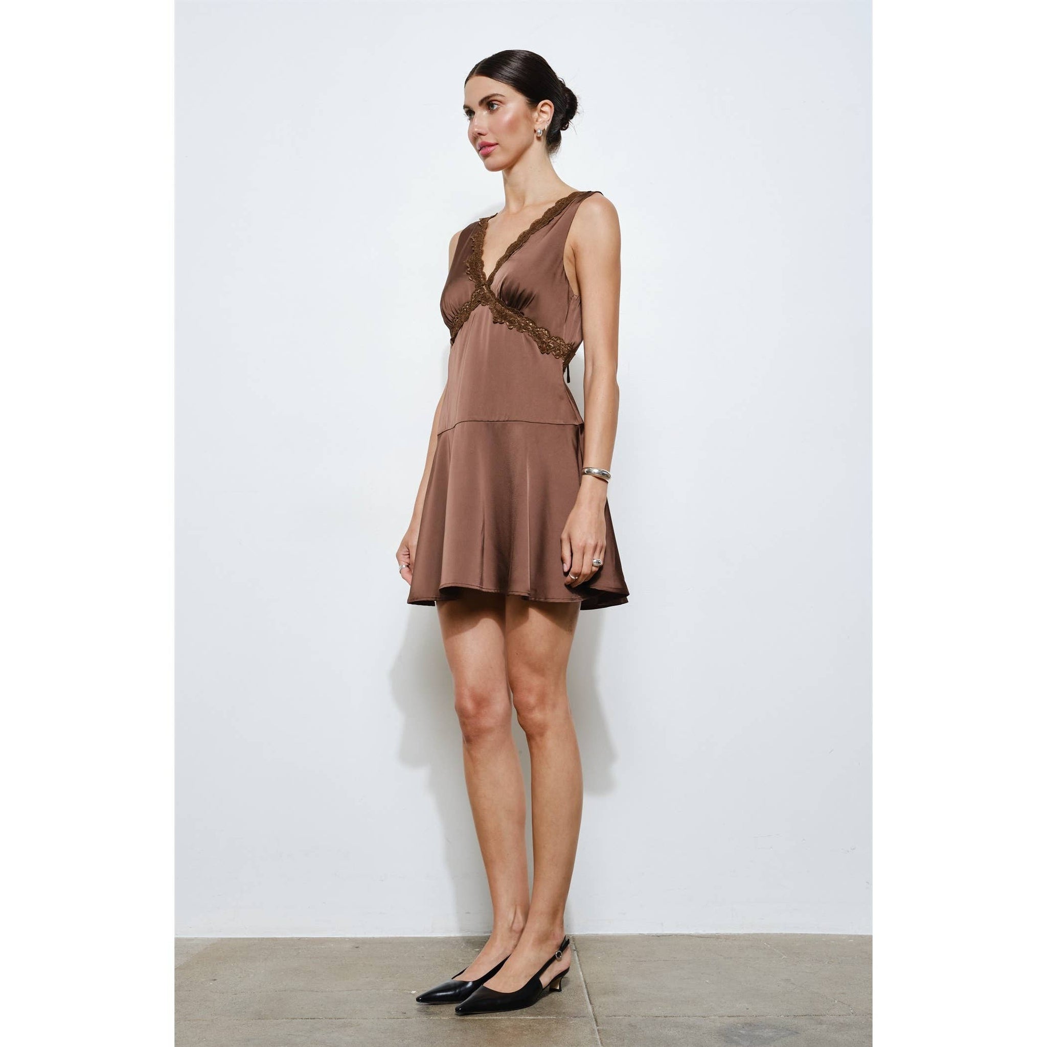 Elena Lace Trim Mini Dress BROWN / M Elena Lace Trim Mini Dress BROWN / M