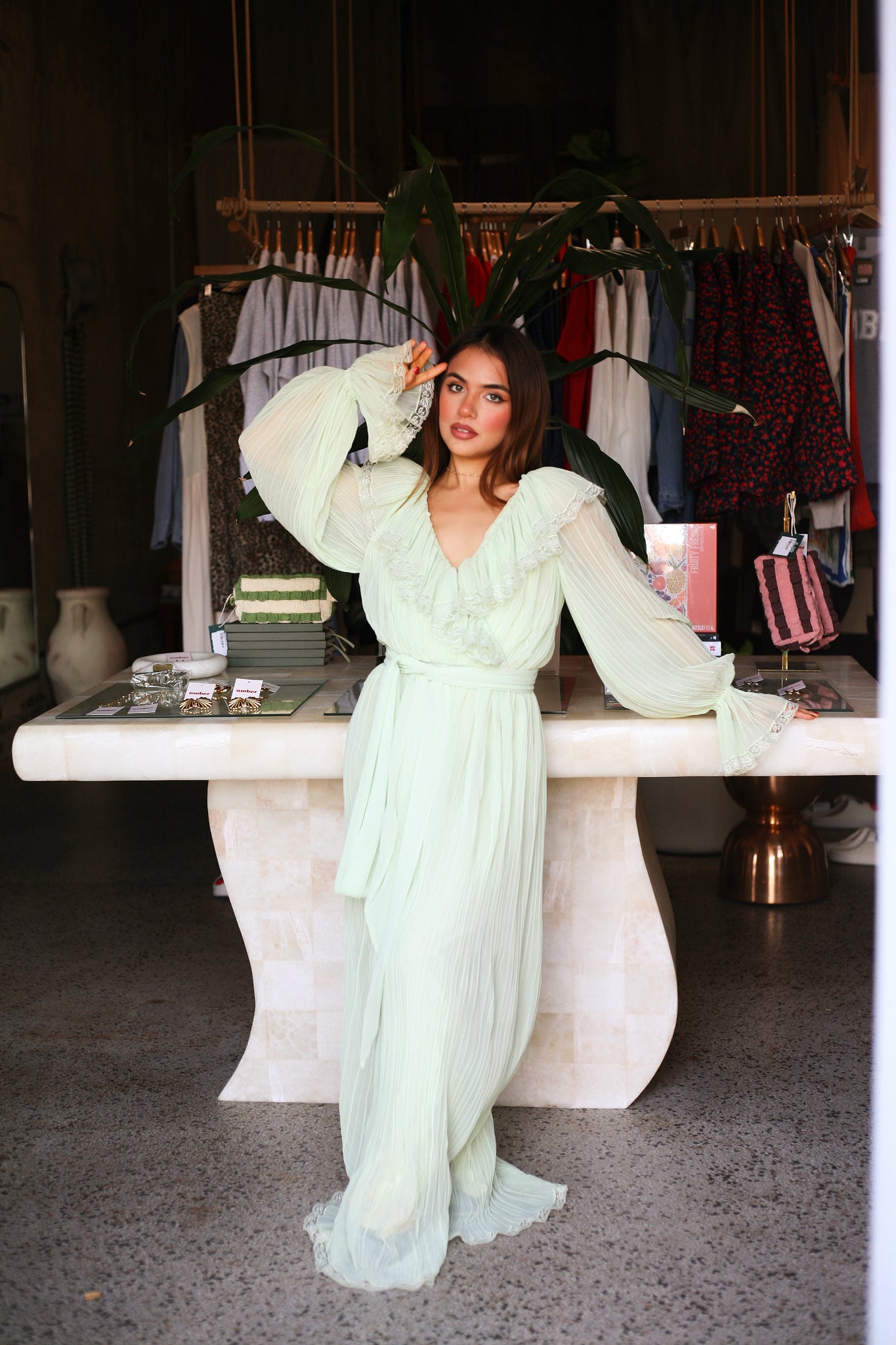 Vintage Sage Ruffle Gown