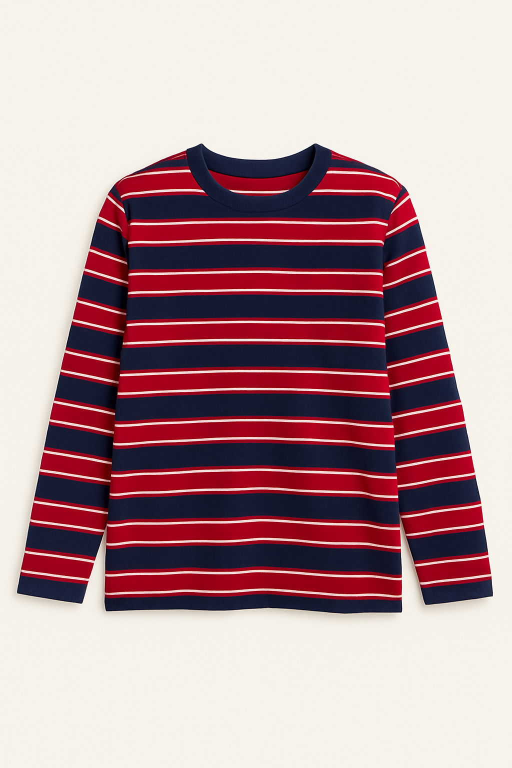 Red and navy striped long-sleeve shirt on a white background
