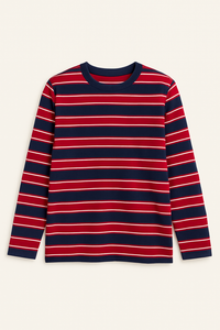 Red and navy striped long-sleeve shirt on a white background