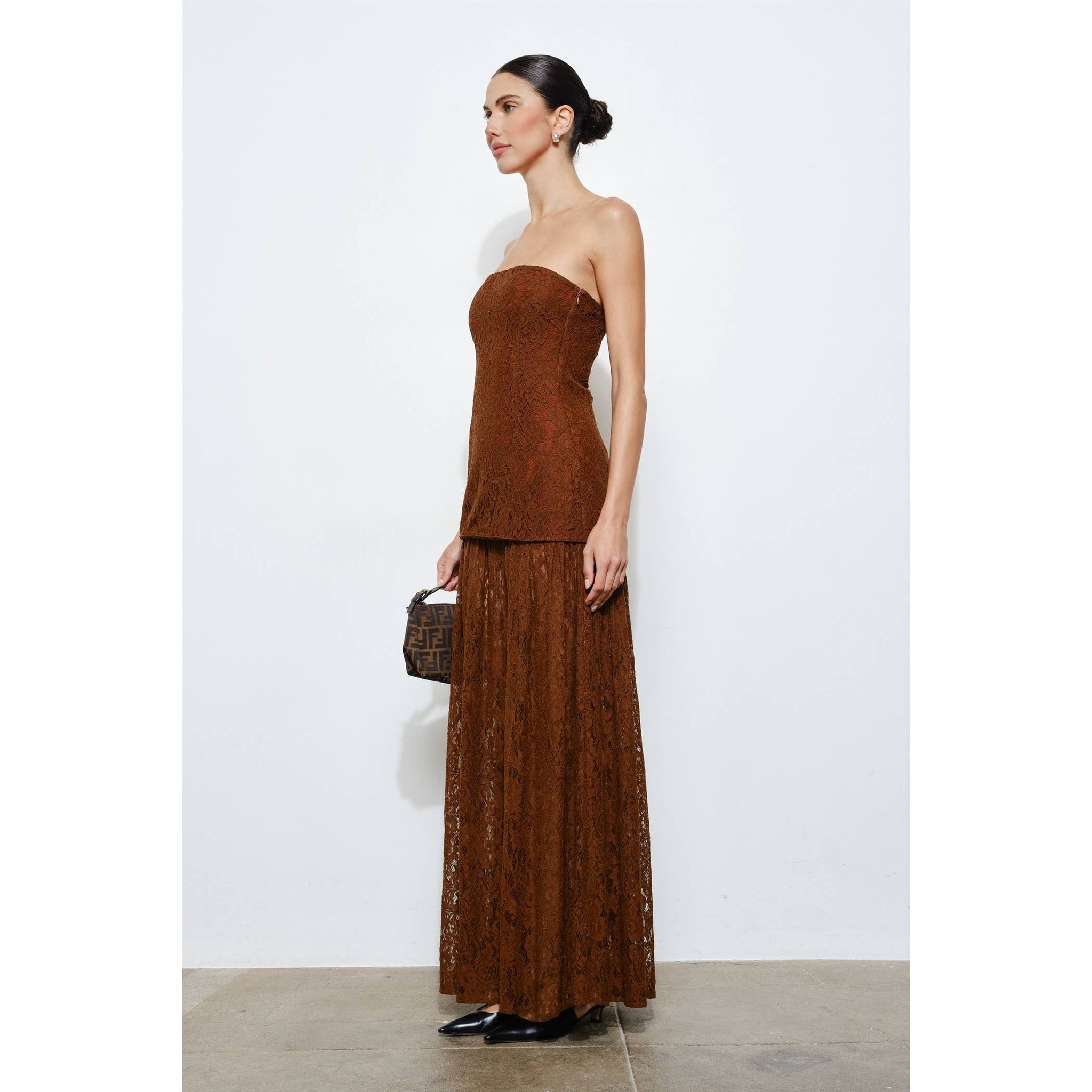 Ines Strapless Brown Lace Maxi Dress S / Brown
