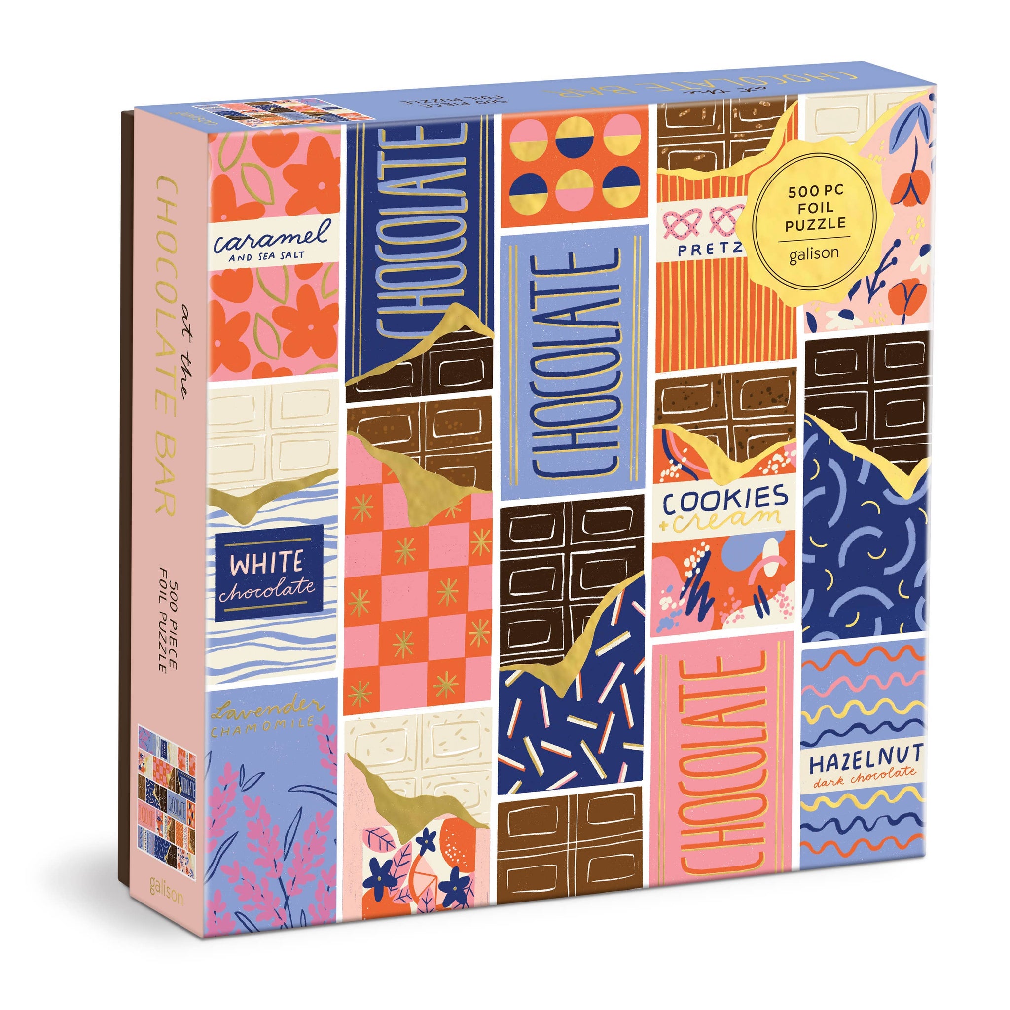 Giant puzzle box with colorful chocolate-themed design on a white background