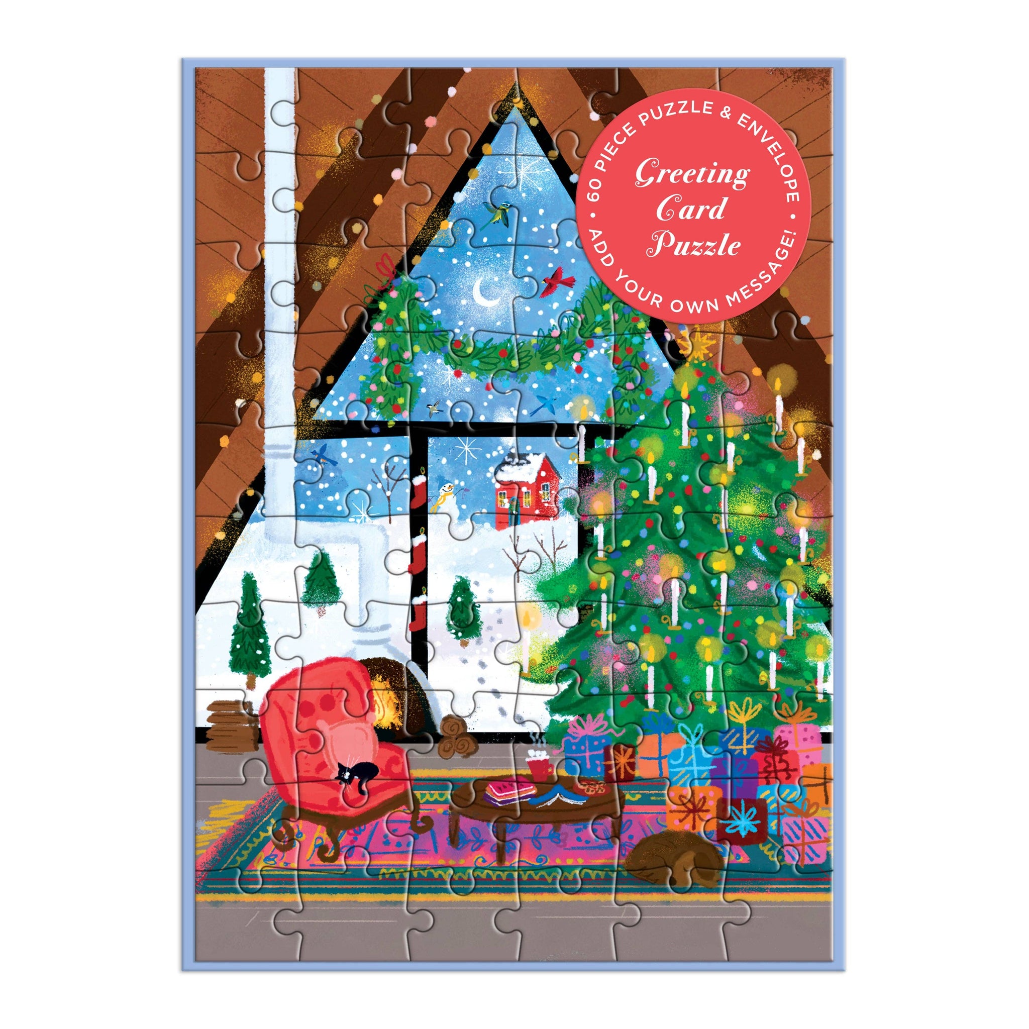 Christmas-themed puzzle with a festive scene, including a tree and presents, on a white background.