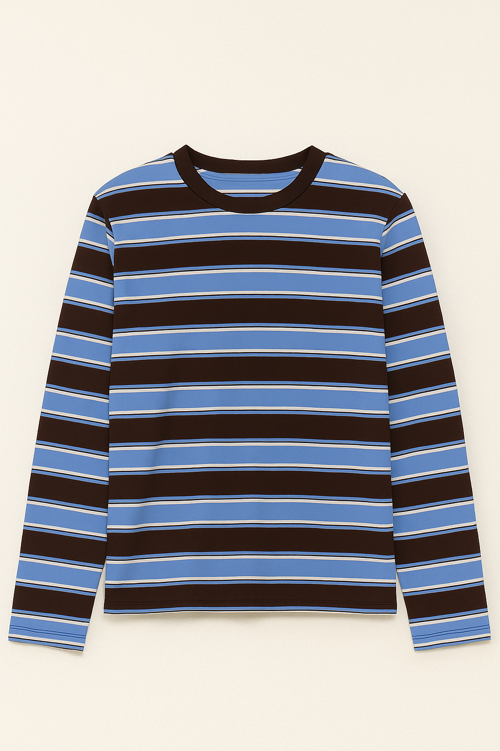 Striped long-sleeve shirt with blue and black horizontal stripes on a beige background