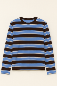 Striped long-sleeve shirt with blue and black horizontal stripes on a beige background