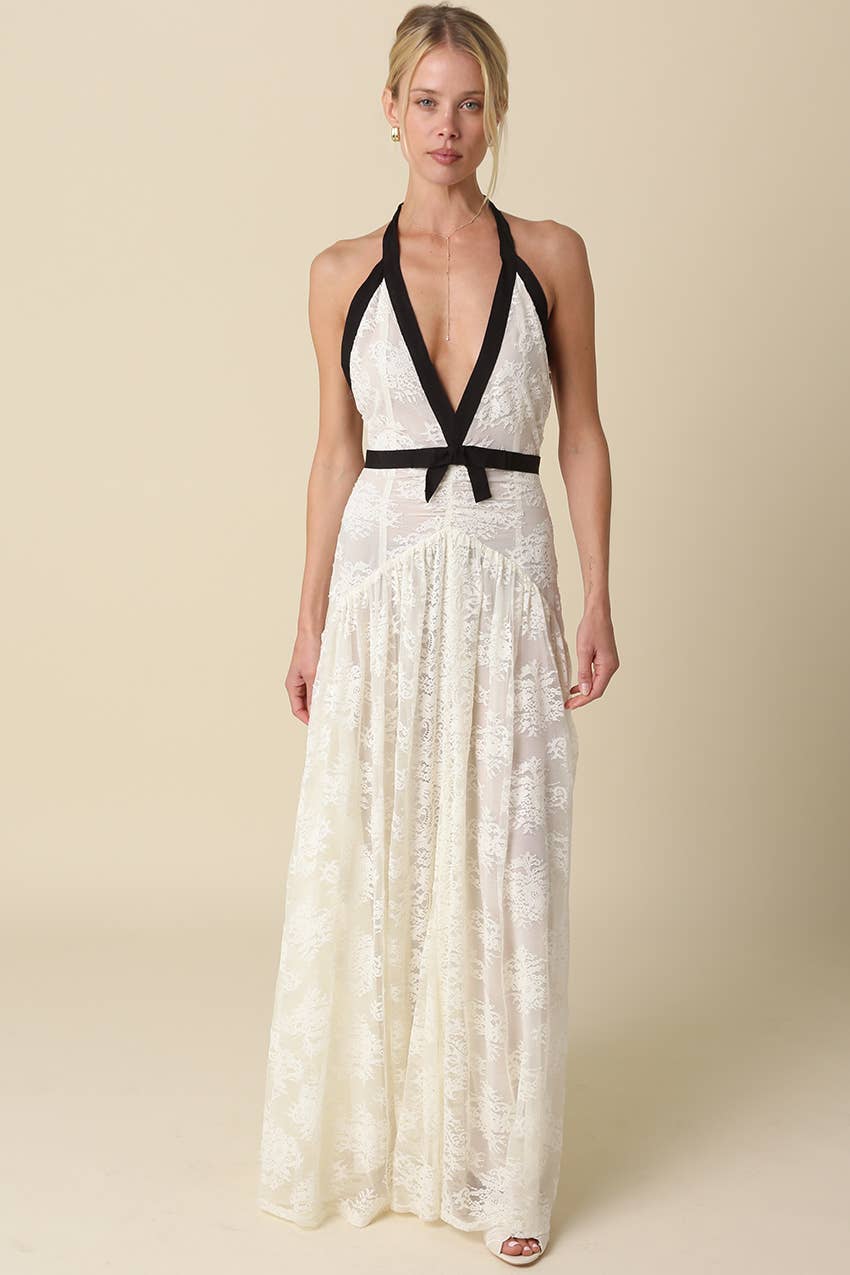 Valeria Lace Maxi Dress, Deep V Halter