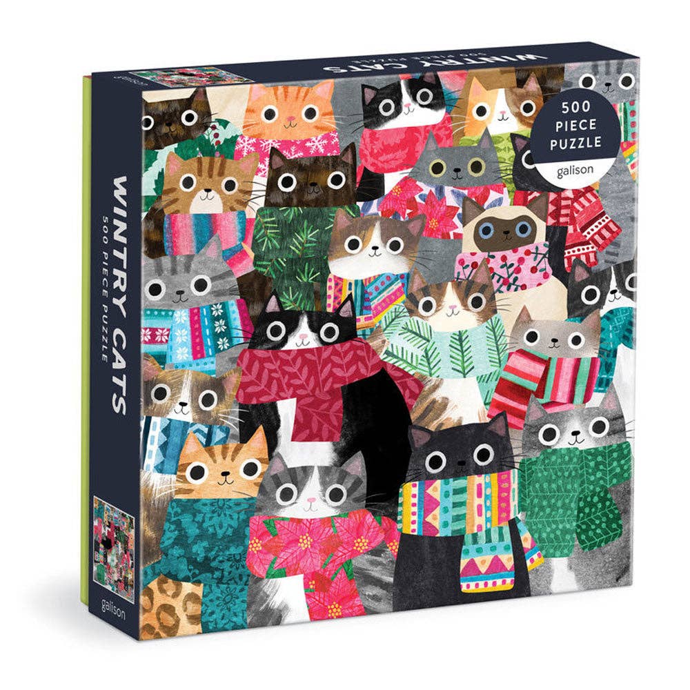 Puzzle box with colorful cats in winter clothing on a white background
