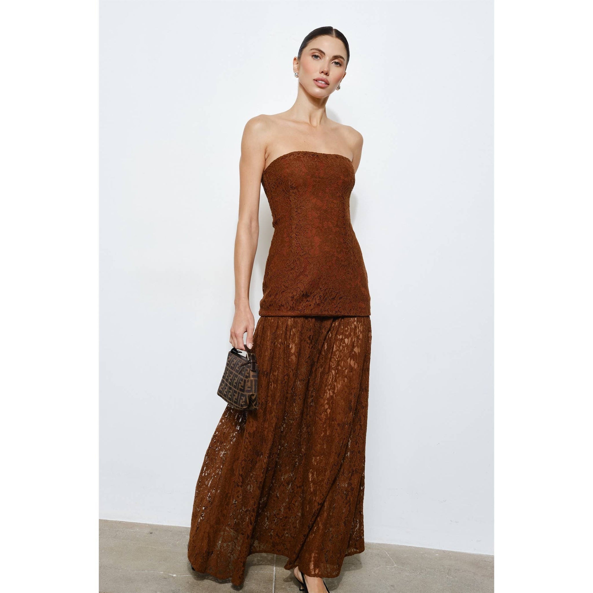 Ines Strapless Brown Lace Maxi Dress S / Brown Ines Strapless Brown Lace Maxi Dress S / Brown
