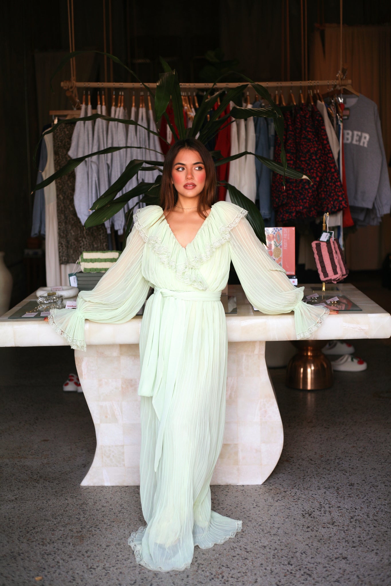 Vintage Sage Ruffle Gown | Umber Vintage Sage Ruffle Gown | Umber