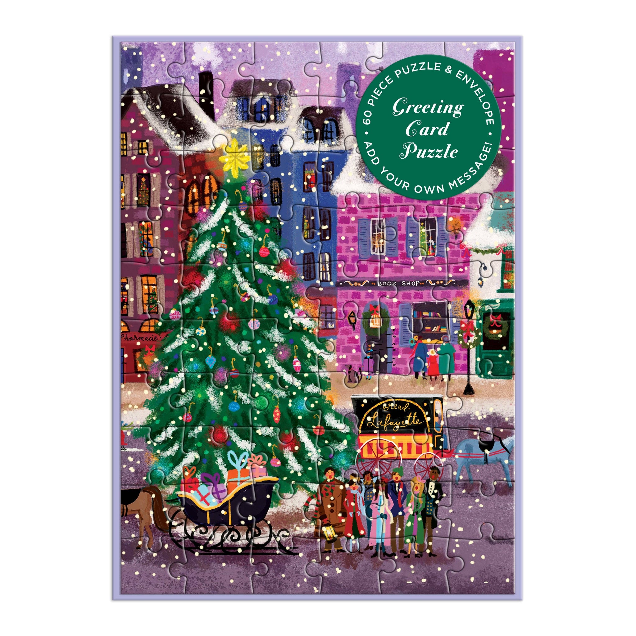 Christmas-themed puzzle with a festive scene, including a tree and people, on a white background.