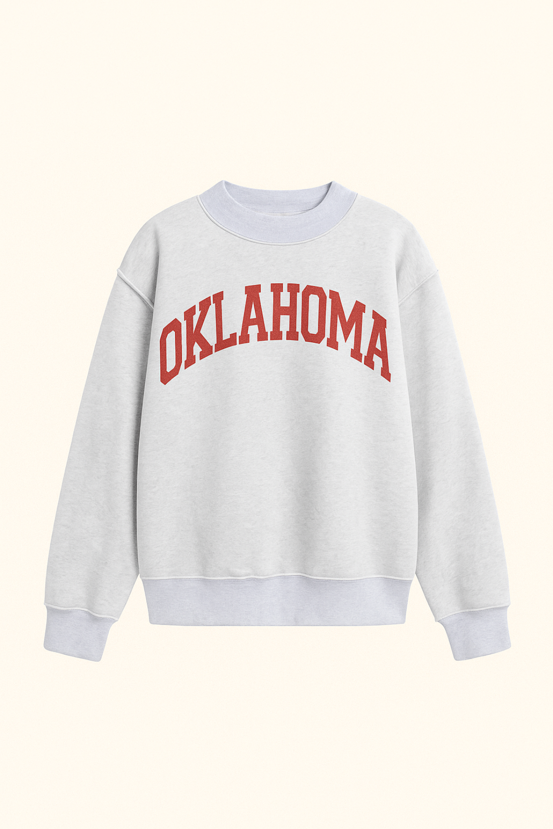 Gray sweatshirt with 'Oklahoma' printed in red on a white background