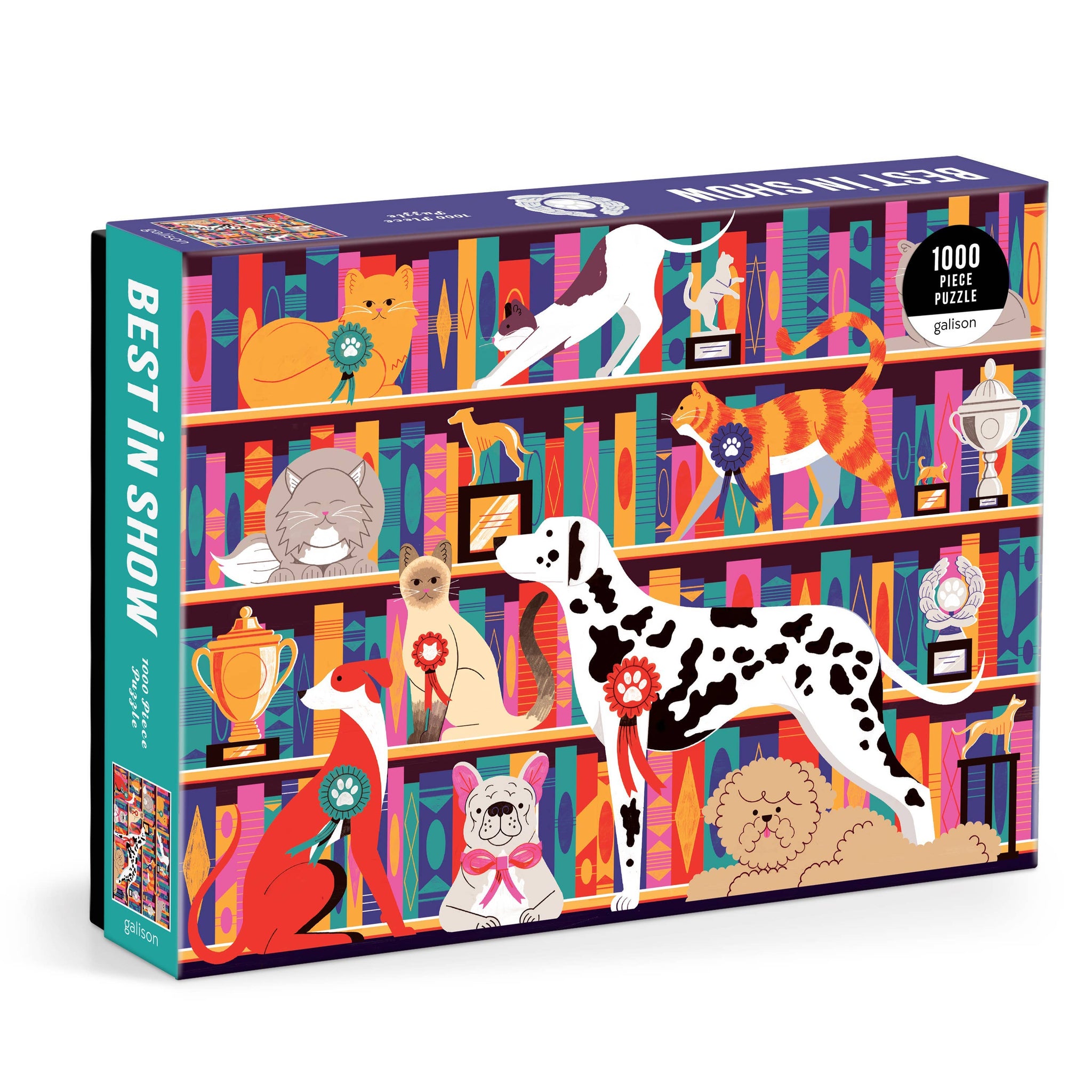 Jigsaw puzzle box with colorful illustration of dogs and cats on shelves