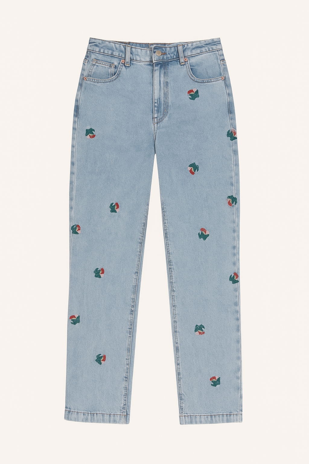 Light blue jeans with floral embroidery on a white background