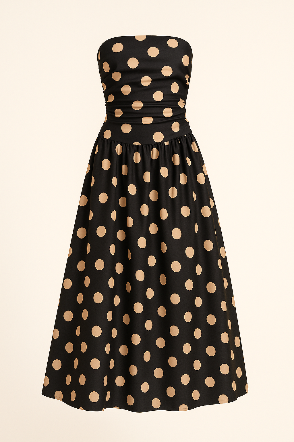 Black strapless dress with beige polka dots on a beige background