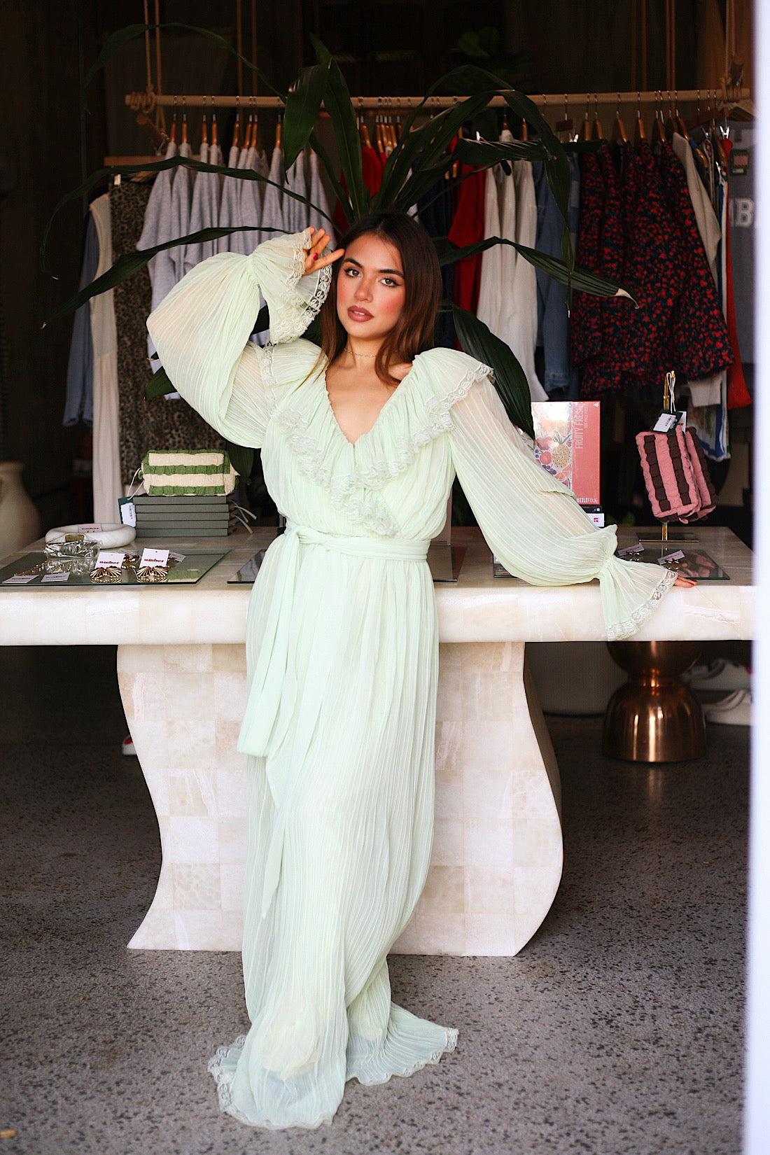 Vintage Sage Ruffle Gown