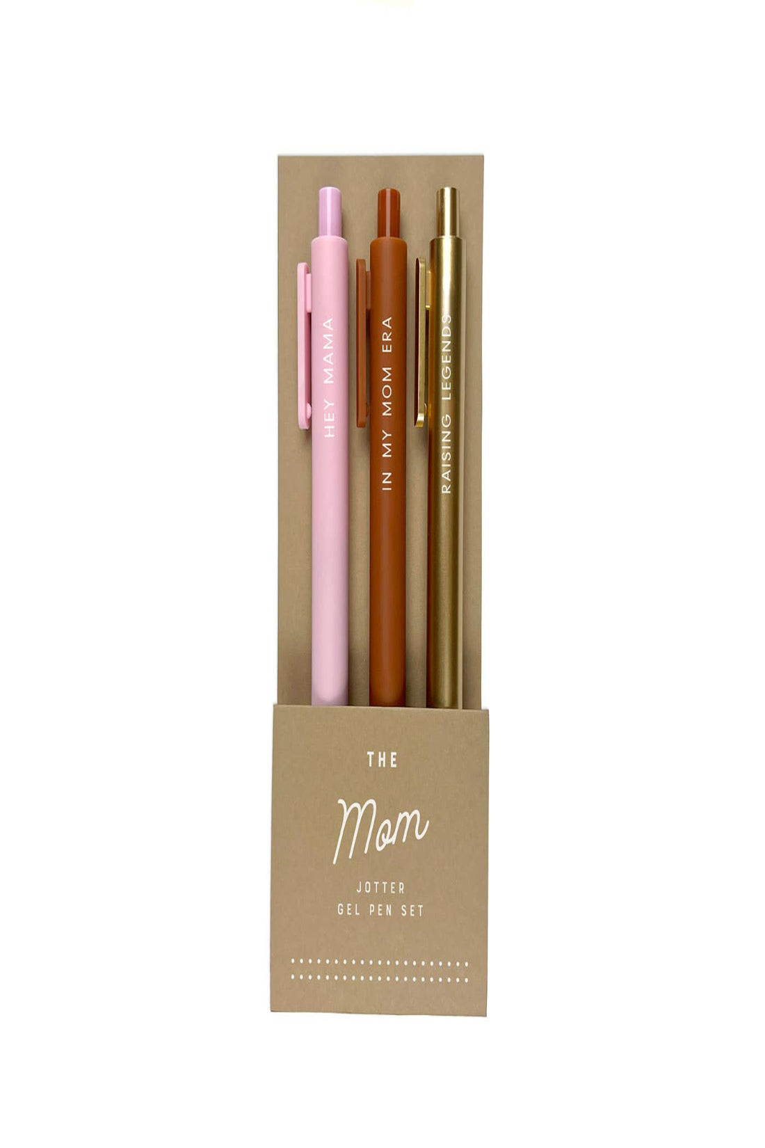 Set of three pens in pink, brown, and gold in a packaging box labeled 'The Mom Jotter Gel Pen Set' on a white background.