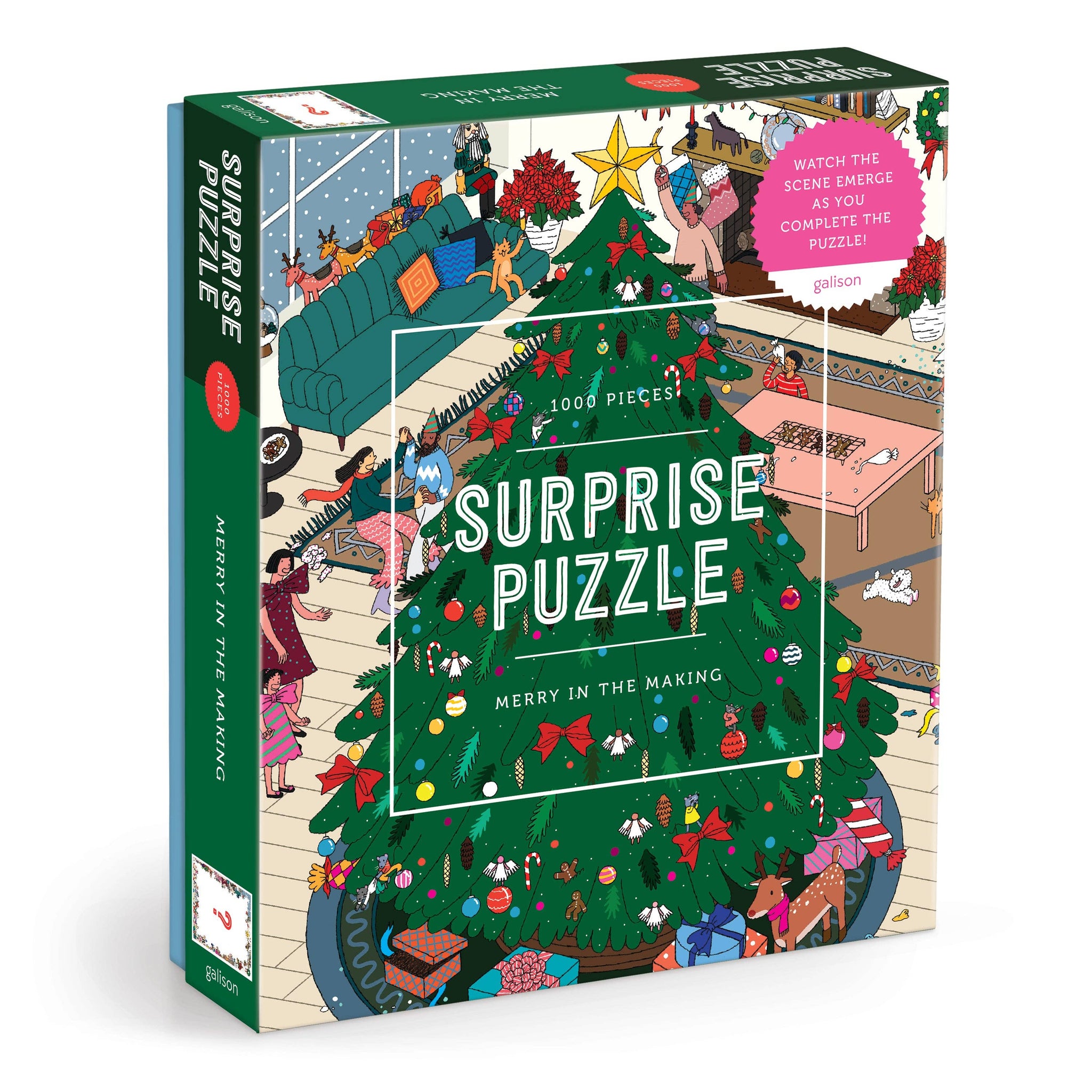 Box of a 'Surprise Puzzle' with a Christmas tree design on a white background