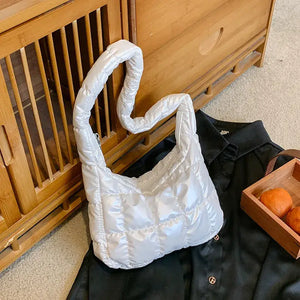 Puffer Nylon Shoulder Handbag Purse: Silver