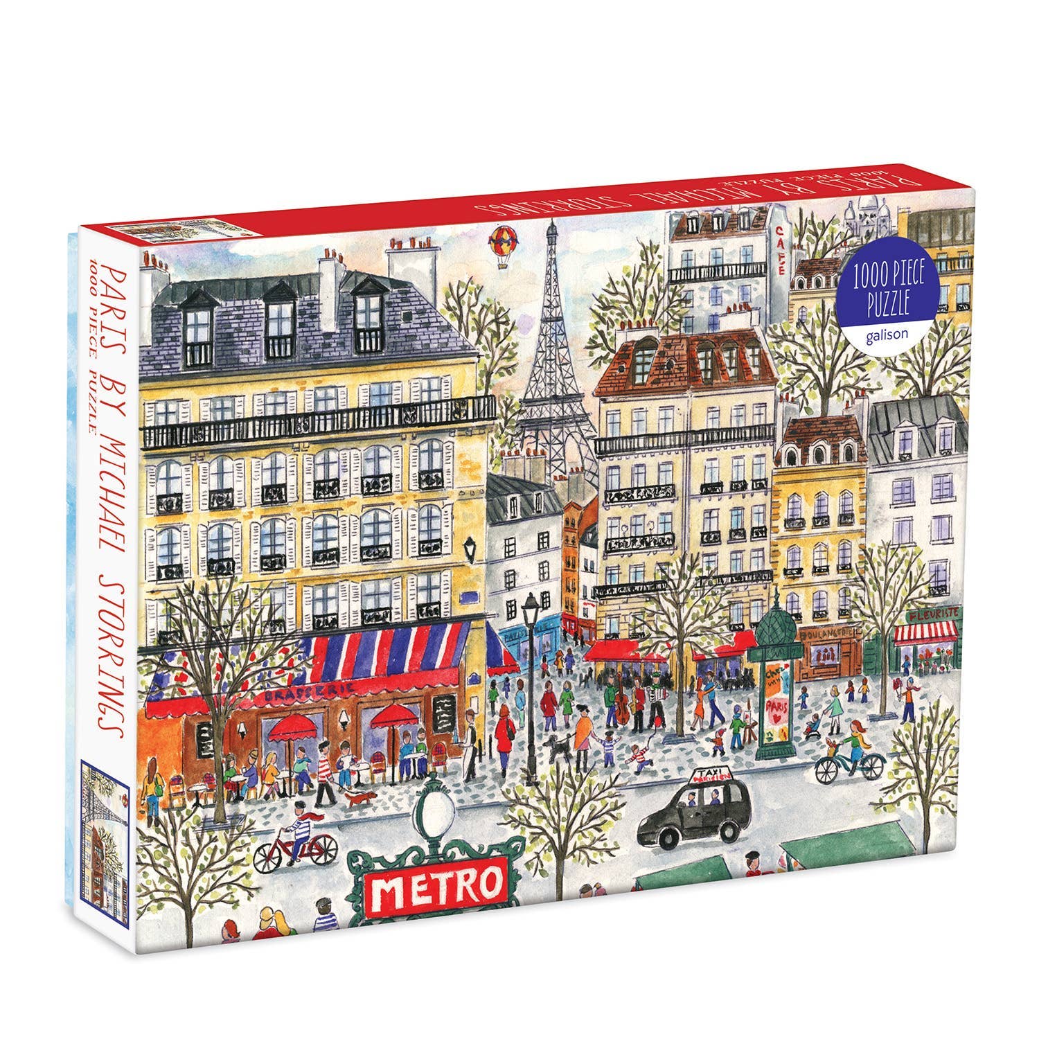 Jigsaw puzzle box featuring a colorful illustration of a Parisian street scene with the Eiffel Tower.