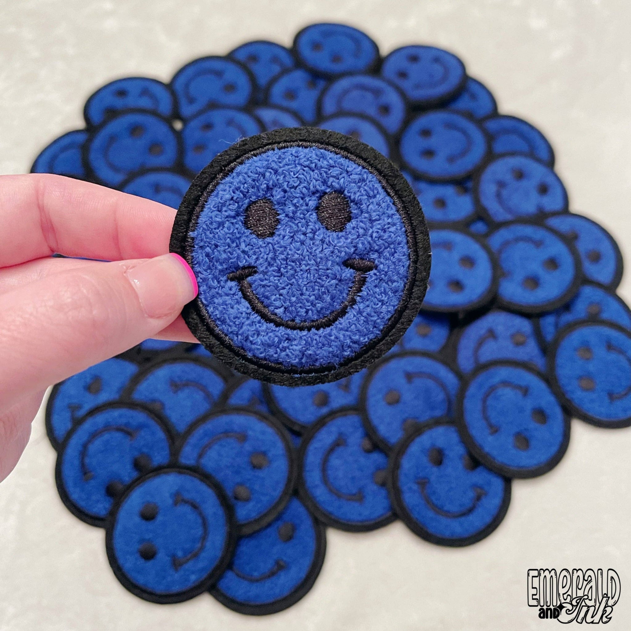 Blue Happy Face Chenille Patch