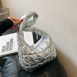 Puffer Nylon Shoulder Handbag Purse: Silver